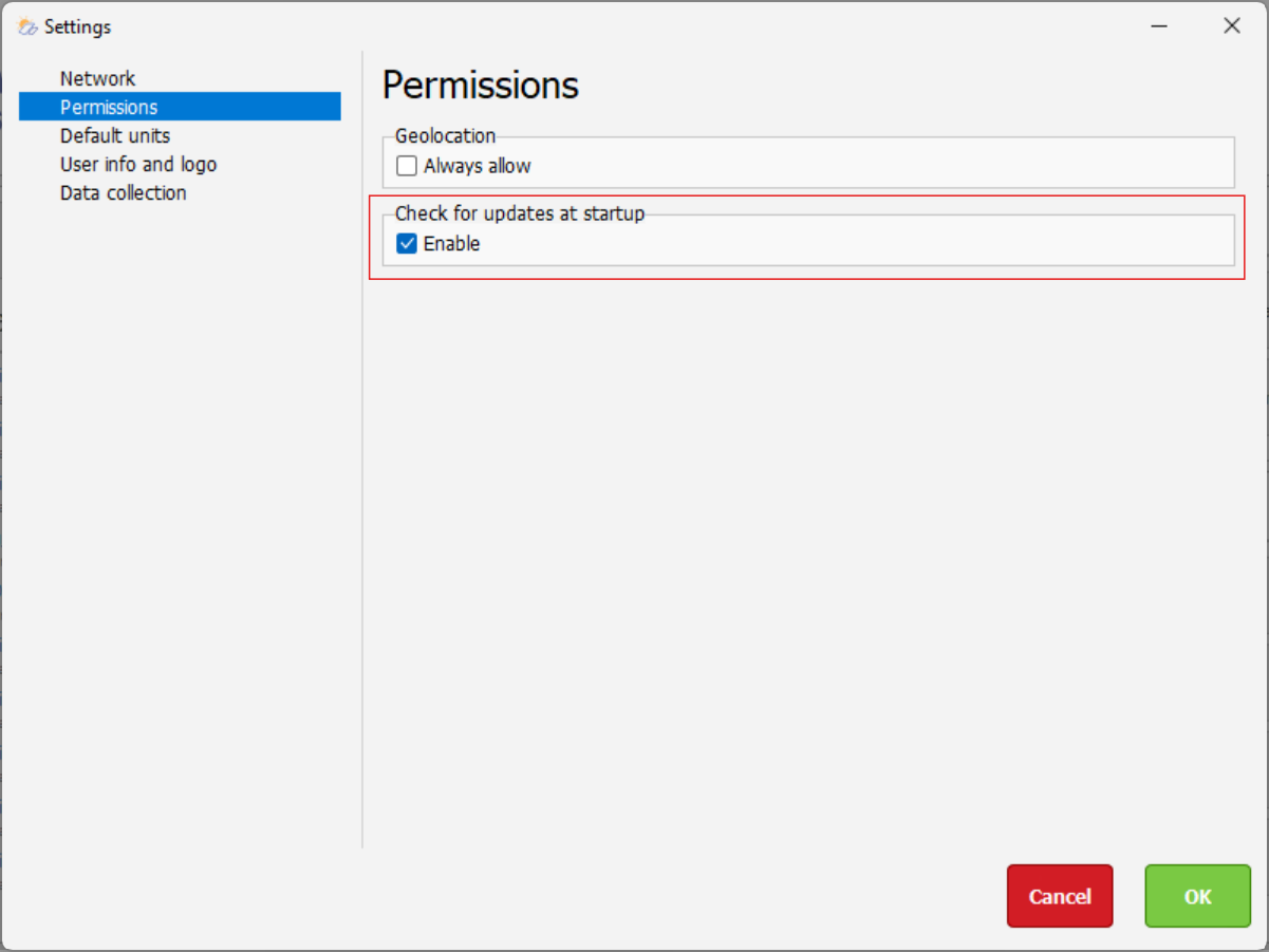 Screenshot of the settings window for enabling/disabling the check for updates on startup