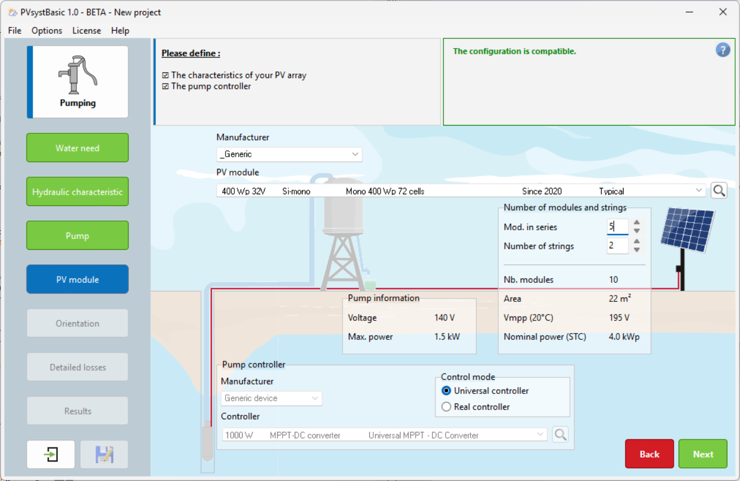 Screenshot of the "PV Module" step in a new pumping project