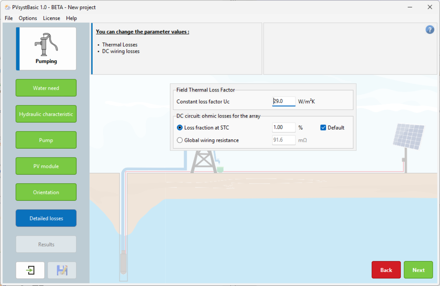 Screenshot of the "Detailed losses" step of a new pumped storage project
