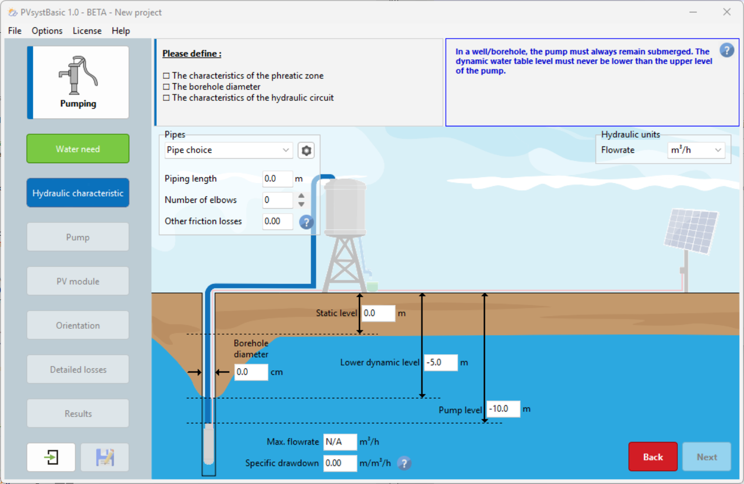 Screenshot of the "Hydraulics" step in a new pumping project