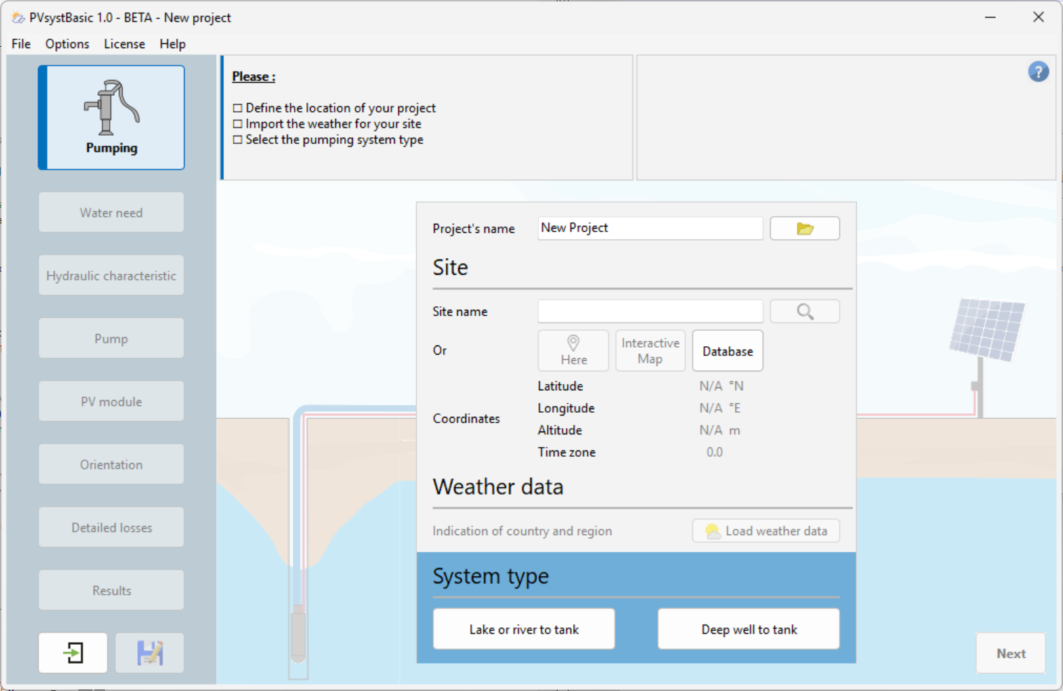 Screenshot of the initialization step for a new pumping project
