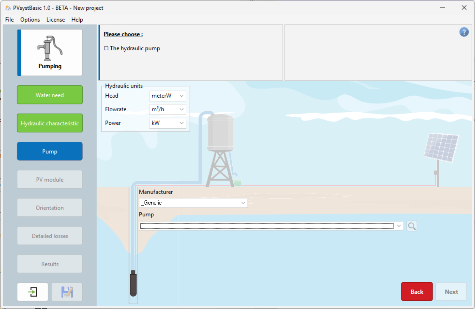 Screenshot of the "Pump" step in a new pumping project