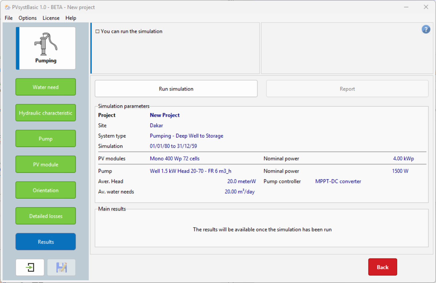 Screenshot of the "Results" step of a new pumped storage project