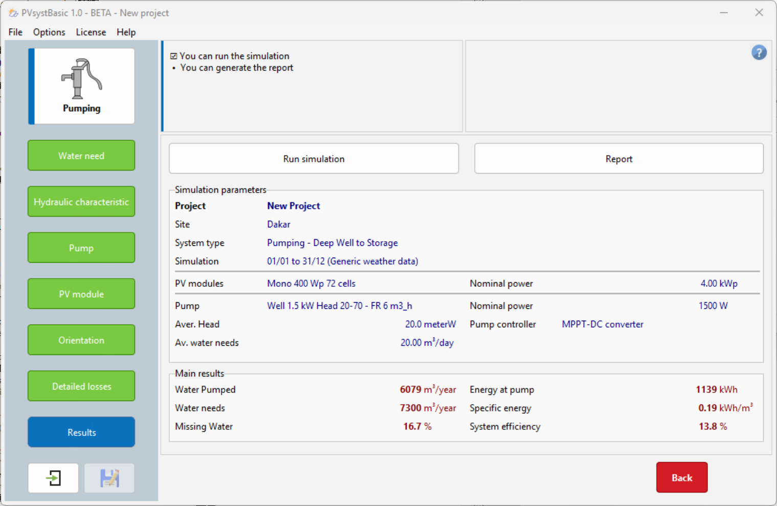 Screenshot of the "Results" step after simulating a new pumping project