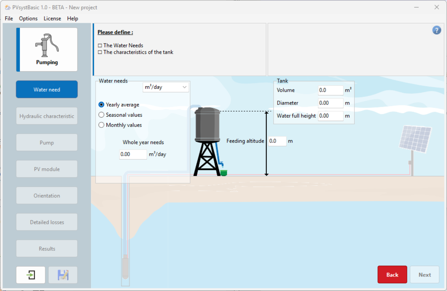 Screenshot of the "Water Requirements" step in a new pumping project