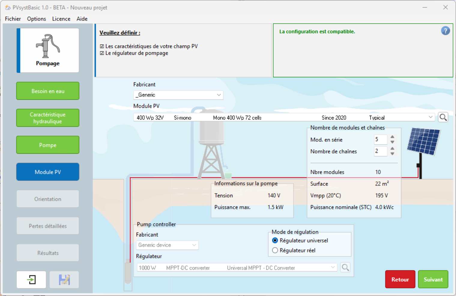 Capture d'écran de l'étape "Module PV" d'un nouveau projet de pompage